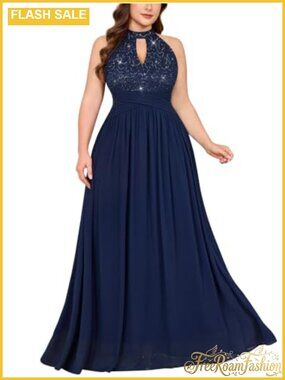Plus Size Sequin Lace Halter V-Neck Maxi Formal Dress Sleeveless Ruched